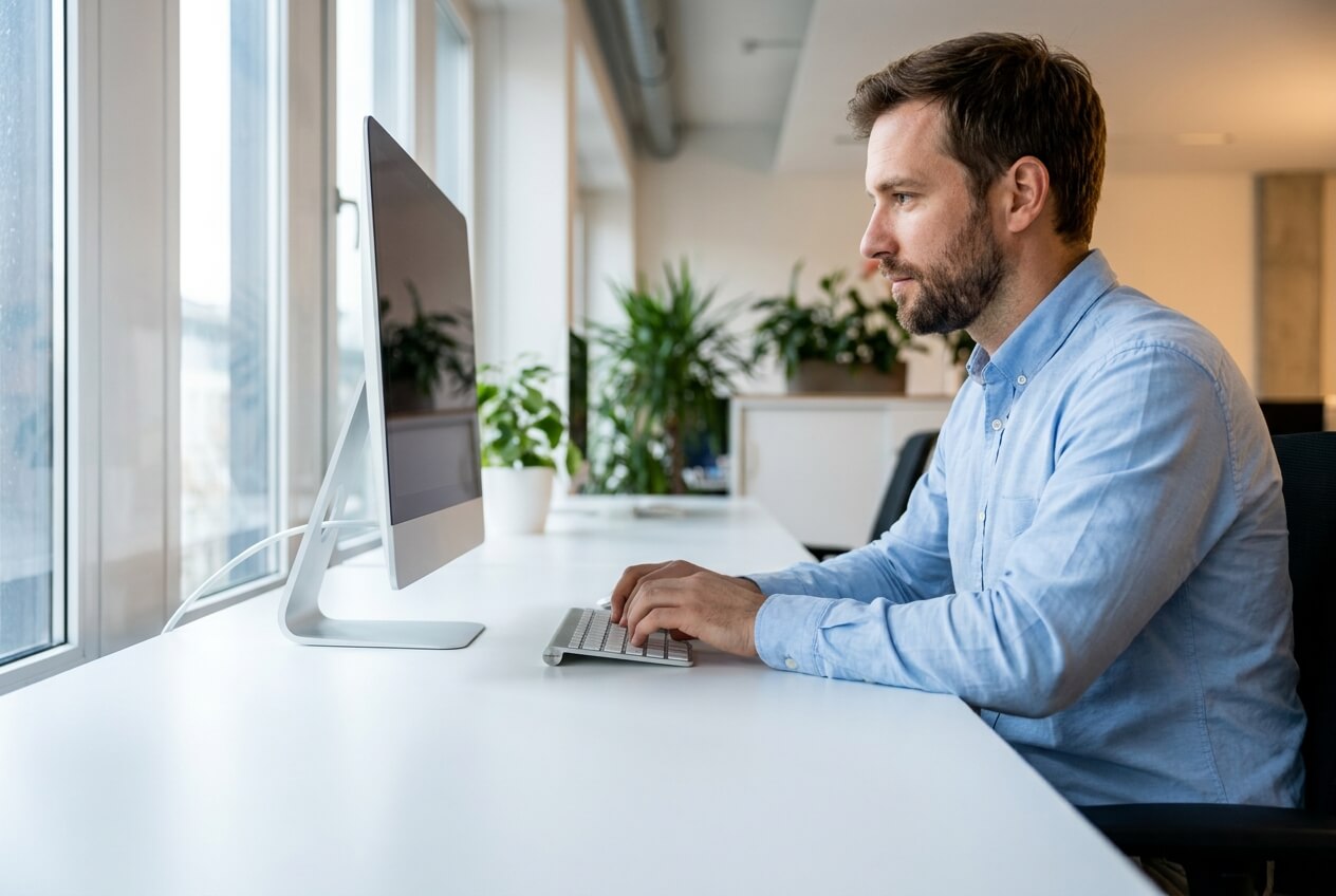 Konzentrierte Arbeit am Rechner in einem hellen Büro